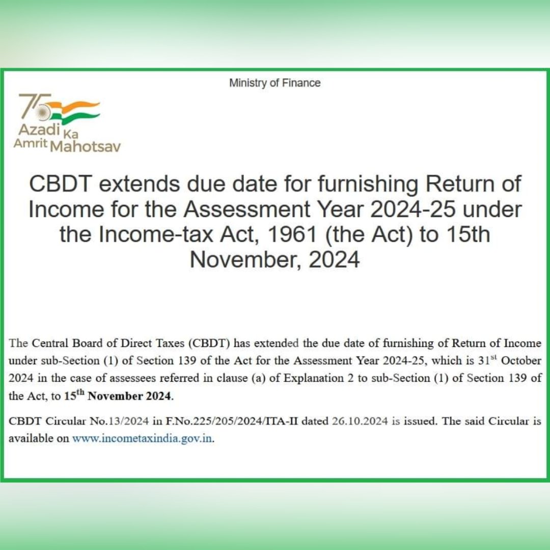 TNivaran's tweet photo. CBDT extends due date for furnishing Return of Income for the AY2024-25 under the Income-tax Act, 1961 (the Act) to 15th November, 2024
#TaxNivaran #YourSatisfactionIsOurSuccess #updates #incometaxupdates #taxaudits #extensions #DueDate #incometax #incometaxreturn #incometaxindia https://t.co/GIFlIwyTjW