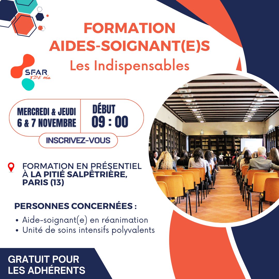 SFAR Anesthésie Réanimation (@sfar_org) on Twitter photo 🗓️ Les 6 & 7 novembre, assistez à la formation aides-soignant(e)s "Les Indispensables" à Paris !
🚨 Dernières places
✍ Programme et inscription ➡️ sfar.org/evenement/form…
<a href="/fnasapr/">FNASAPR</a> <a href="/AJARFrance/">AJAR France 🇫🇷</a> @SNJeunesA <a href="/SNPHARE/">SNPHARE</a> <a href="/SyndicatSnarf/">SNARF</a> <a href="/SFARJeunes/">SFAR Jeunes</a> <a href="/cnear_fr/">CNEAR Anesthésie Réanimation</a> @IADE_de_France <a href="/SNIA75/">SNIA : Syndicat Nal des #IADE</a> 🗓️ Les 6 & 7 novembre, assistez à la formation aides-soignant(e)s "Les Indispensables" à Paris !
🚨 Dernières places
✍ Programme et inscription ➡️ sfar.org/evenement/form…
<a href="/fnasapr/">FNASAPR</a> <a href="/AJARFrance/">AJAR France 🇫🇷</a> @SNJeunesA <a href="/SNPHARE/">SNPHARE</a> <a href="/SyndicatSnarf/">SNARF</a> <a href="/SFARJeunes/">SFAR Jeunes</a> <a href="/cnear_fr/">CNEAR Anesthésie Réanimation</a> @IADE_de_France <a href="/SNIA75/">SNIA : Syndicat Nal des #IADE</a>