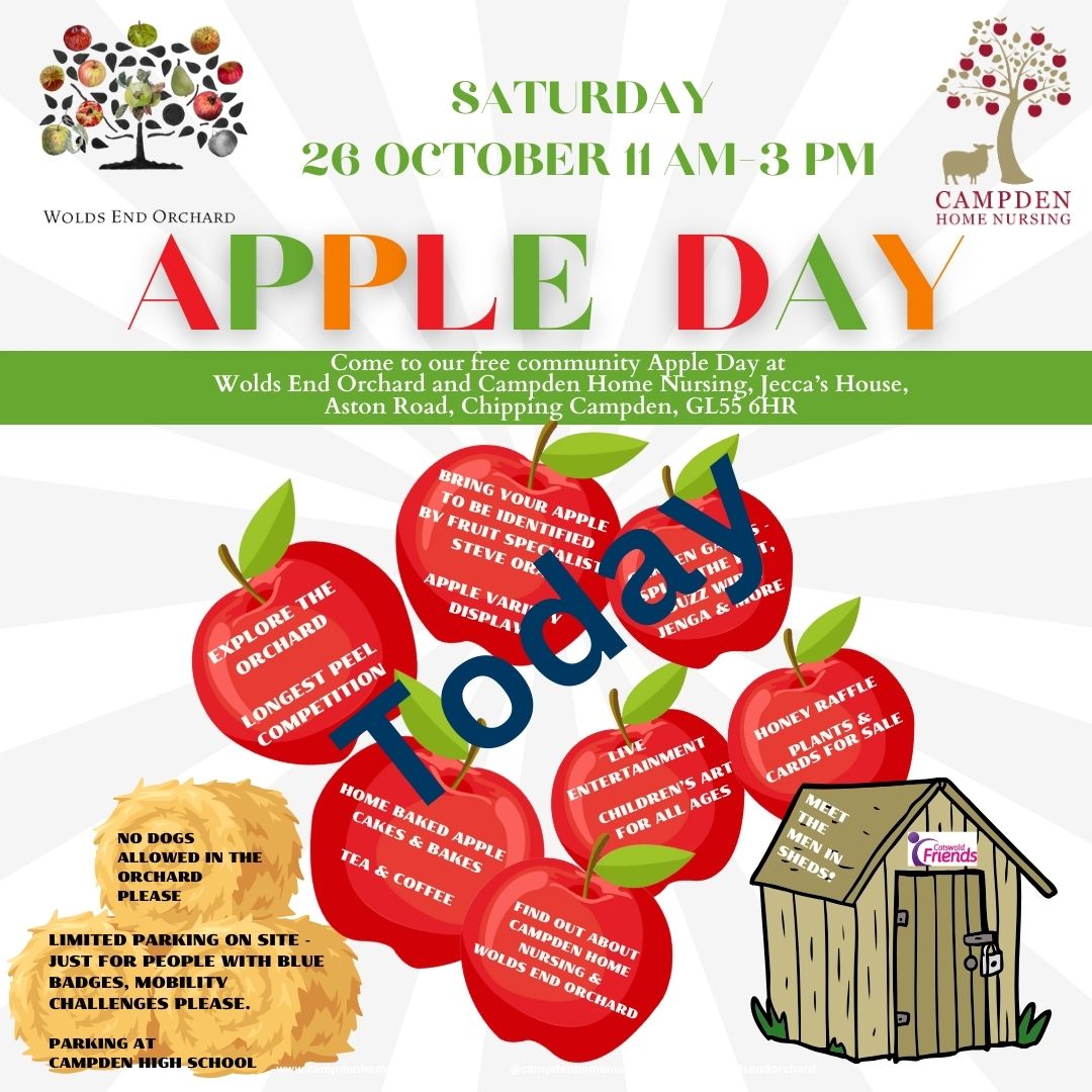 Apple Day is TODAY 🍏 Free entry
📍 Jecca’s House &amp; Wolds End Orchard, Chipping Campden
🕚 11 am - 3 pm

🍎 Try tombola &amp; raffle
🍎 Tasty bakes, cider &amp; refreshments
🍎 Kids’ art &amp; garden games
🍎 Meet the "Men in Sheds"

Celebrate autumn &amp; learn about our charity’s mission 🍂