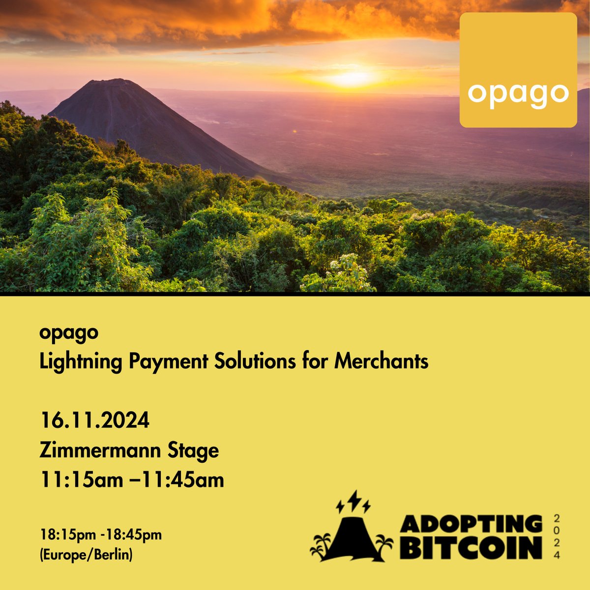 We are excited to present <a href="/OpagoPay/">OPAGO</a>  at this year's <a href="/AdoptingBTC/">Adopting Bitcoin</a> in El Salvador. Join our Brand Ambassadors, <a href="/Patryk_Mili/">Patryk ₿⚡</a> and <a href="/Dammon21/">Dammon21🌋⚡️</a>, on November 16th at 11:15 AM local time on the Zimmermann Stage.