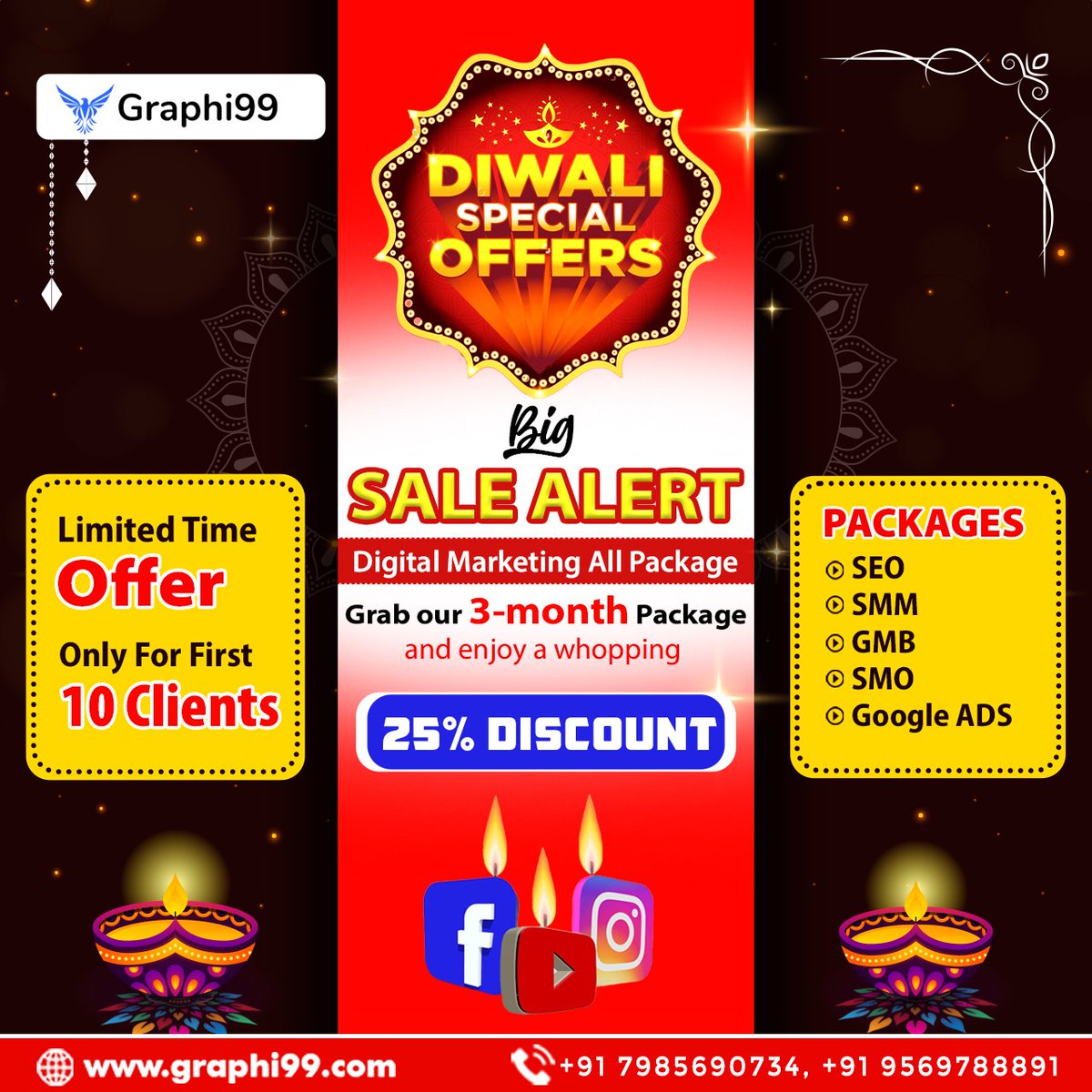 graphi99's tweet photo. 🌟 𝐃𝐢𝐰𝐚𝐥𝐢 𝐒𝐩𝐞𝐜𝐢𝐚𝐥 𝐀𝐥𝐞𝐫𝐭! 🌟 
'
This Diwali, light up your business with Graphi99’s BIG SALE! 🎉
✨ 𝐆𝐞𝐭 𝐚 25% 𝐝𝐢𝐬𝐜𝐨𝐮𝐧𝐭 𝐨𝐧 𝐨𝐮𝐫 3-𝐦𝐨𝐧𝐭𝐡 𝐃𝐢𝐠𝐢𝐭𝐚𝐥 𝐌𝐚𝐫𝐤𝐞𝐭𝐢𝐧𝐠 🌐💼

📞 Contact us at +91 7985690734 | +91 9569788891 https://t.co/Iv3lTkJzWL