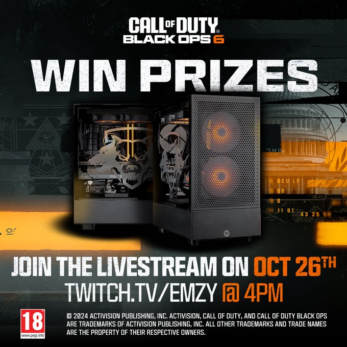 Image: https://pbs.twimg.com/media/GazHtfLboAANezQ?format=jpg&name=small Image of the 3XS Systems limited edition Call Of Duty Black Ops 6 PC with the headline Win Prizes beneath the Call Of Duty Black Ops 6 logo The sub-header reads Join the livestream on October 26th twitchtvemzy at 4pm At the bottom of the image is the PEGI 18 logo and the following copyright information 2024 Activision Publishing inc ACTIVISION CALL OF DUTY and CALL OF DUTY BLACK OPS are trademarks of Activision Publishing inc All other trademarks and trade names are the property of their respective owners