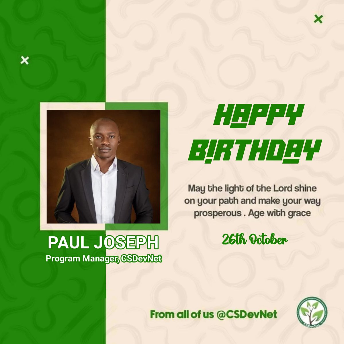 Climate & Sustainable Development Network (@csdevnet1) on Twitter photo Happy birthday to our program officer (<a href="/CSDevNet1/">Climate & Sustainable Development Network</a>) May the light of the Lord shine on your path and make your way prosperous. Here’s to a year filled with prosperity, grace, and countless blessing .
Age with grace
<a href="/_pjgwumapan/">Paul Gwumapan Joseph</a> Happy birthday to our program officer (<a href="/CSDevNet1/">Climate & Sustainable Development Network</a>) May the light of the Lord shine on your path and make your way prosperous. Here’s to a year filled with prosperity, grace, and countless blessing .
Age with grace
<a href="/_pjgwumapan/">Paul Gwumapan Joseph</a>