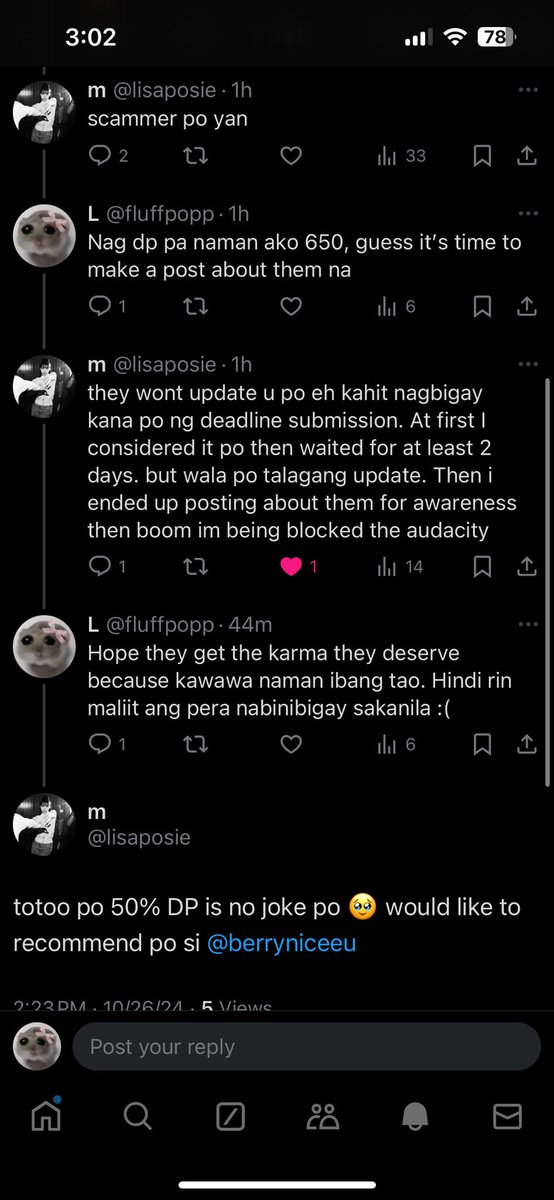 SCAMMER ALERT 🚨 

lf commissioner (more exposure!)

If you guys come across @/kopihelps on twt please know that they are a scammer and don’t think about availing their services. There are also others who have been scammed and I am one of them, unfortunately. Attached proofs.