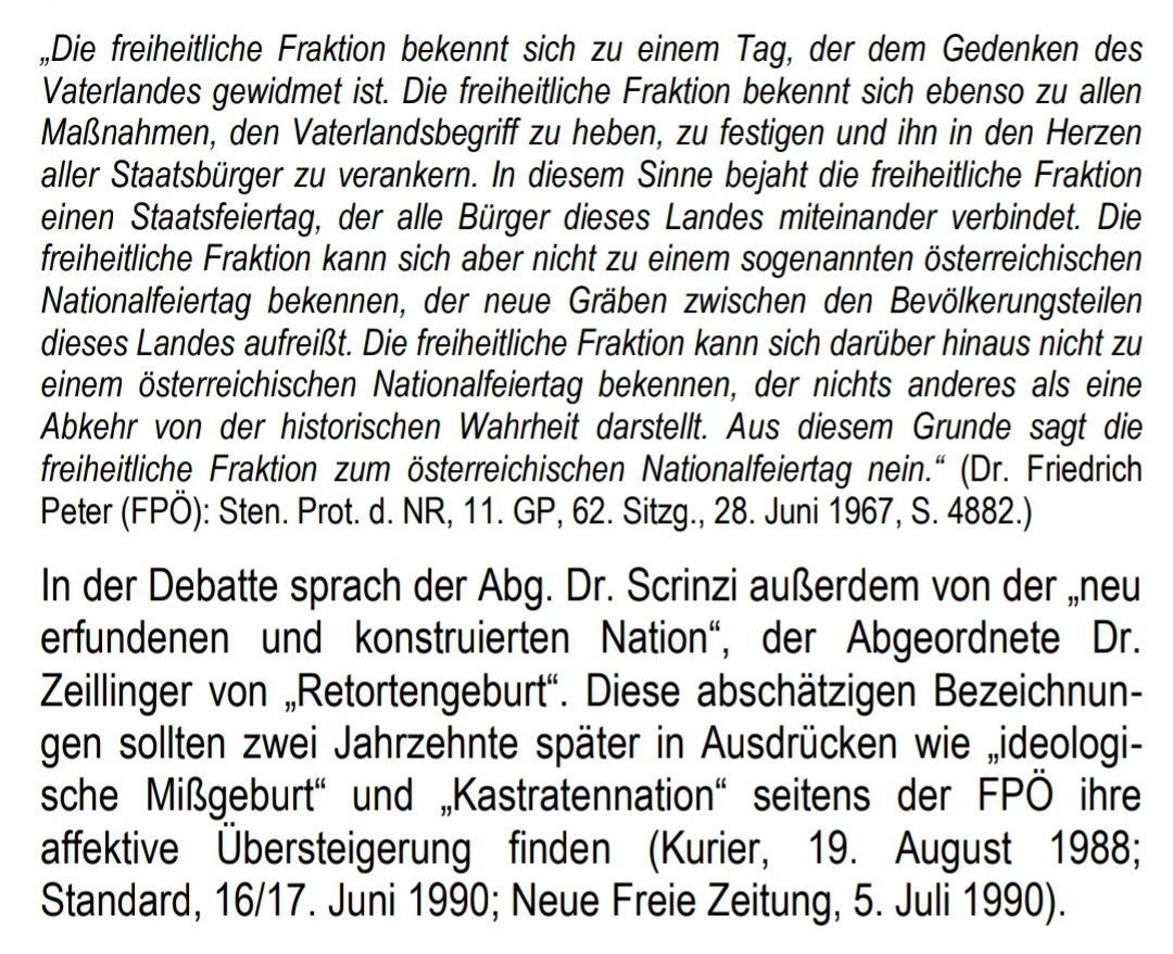 Zur Erinnerung, dass die FPÖler, die sich heute gerne als stramme Patrioten inszenieren, sich bei dessen Einführung nicht zu einem 🇦🇹 Nationalfeiertag bekannten, 🇦🇹  als "ideologische Missgeburt" und als "Kastratennation" bezeichneten.