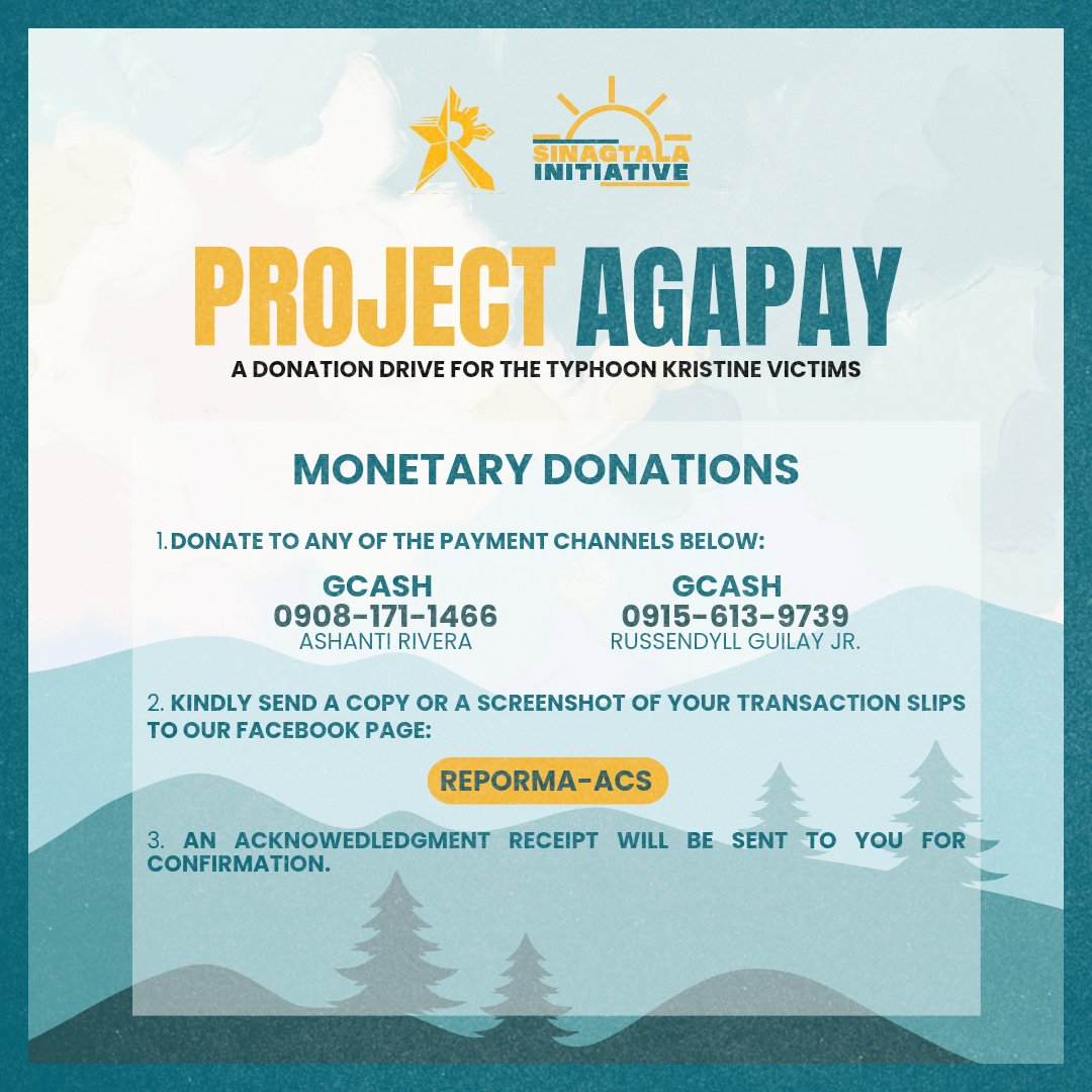 REPORMA_ACS's tweet photo. [𝗣𝗥𝗢𝗝𝗘𝗖𝗧 𝗔𝗚𝗔𝗣𝗔𝗬 𝟮𝟬𝟮𝟰]

For those affected by Typhoon Kristine, we, REPORMA-ACS, calls for your helping hand to support and provide financial relief to those communities who are affected. 

#KristinePH
#REPO21 https://t.co/dB9C57c8MT