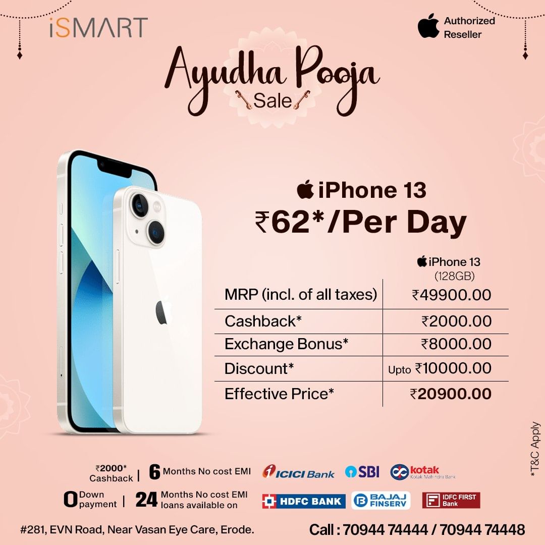 ismart_erode's tweet photo. Celebrate Ayudha Pooja with the ultimate tech upgrade! 📱✨ Grab the iPhone 13 at our special sale and elevate your mobile experience. Don't miss out on this festive offer!
Call now : 7094474444/7094474448
🎉 #AyudhaPooja #iPhone13 #TechCelebration
#ismart #Mobiles #Erodeismart https://t.co/XIERXuIvEB