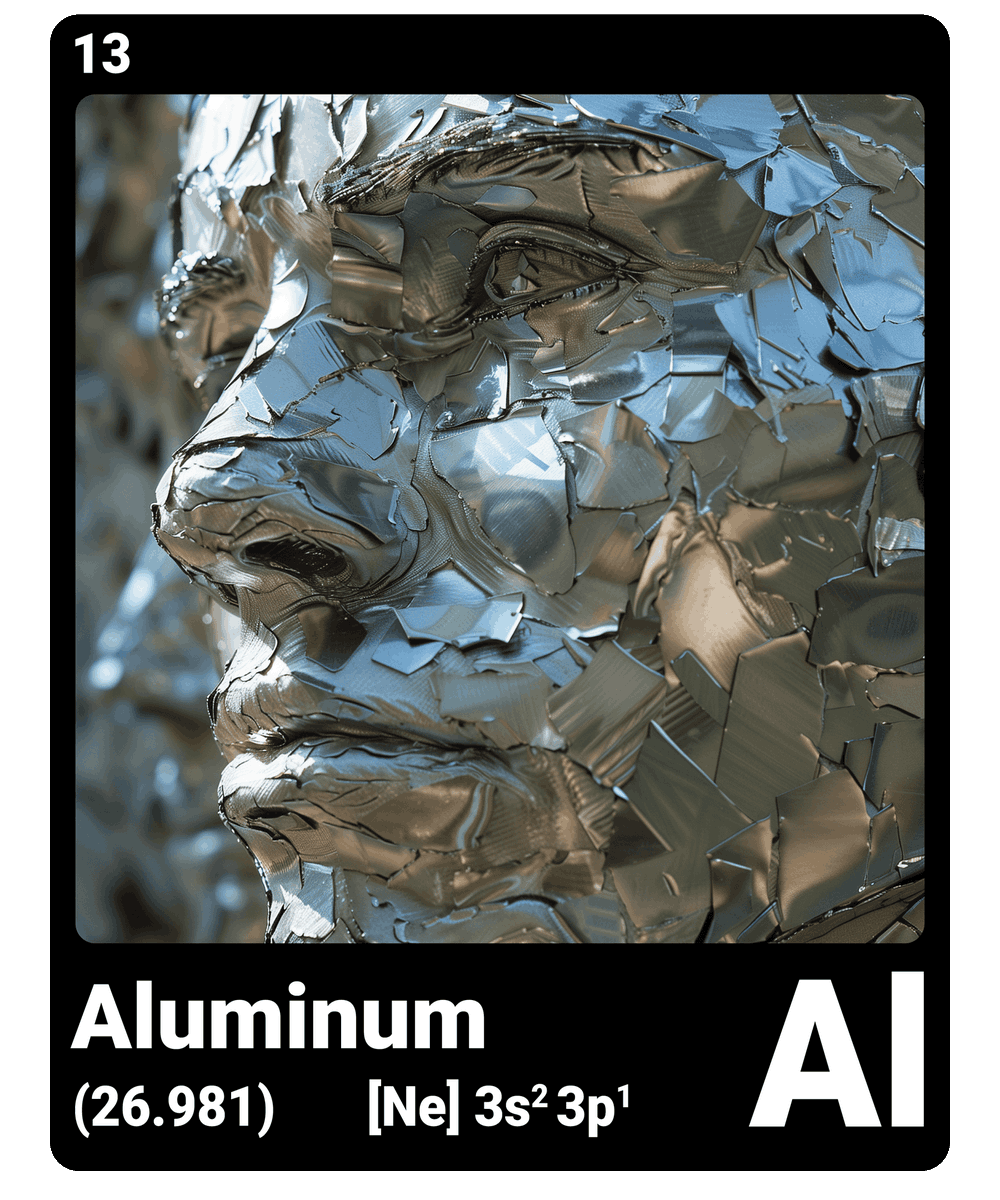 br_AI_king's tweet image. This is what it looks like when AI gives the chemical element #aluminum a face - find all #ChemicalElement in the bio #ScienceArt