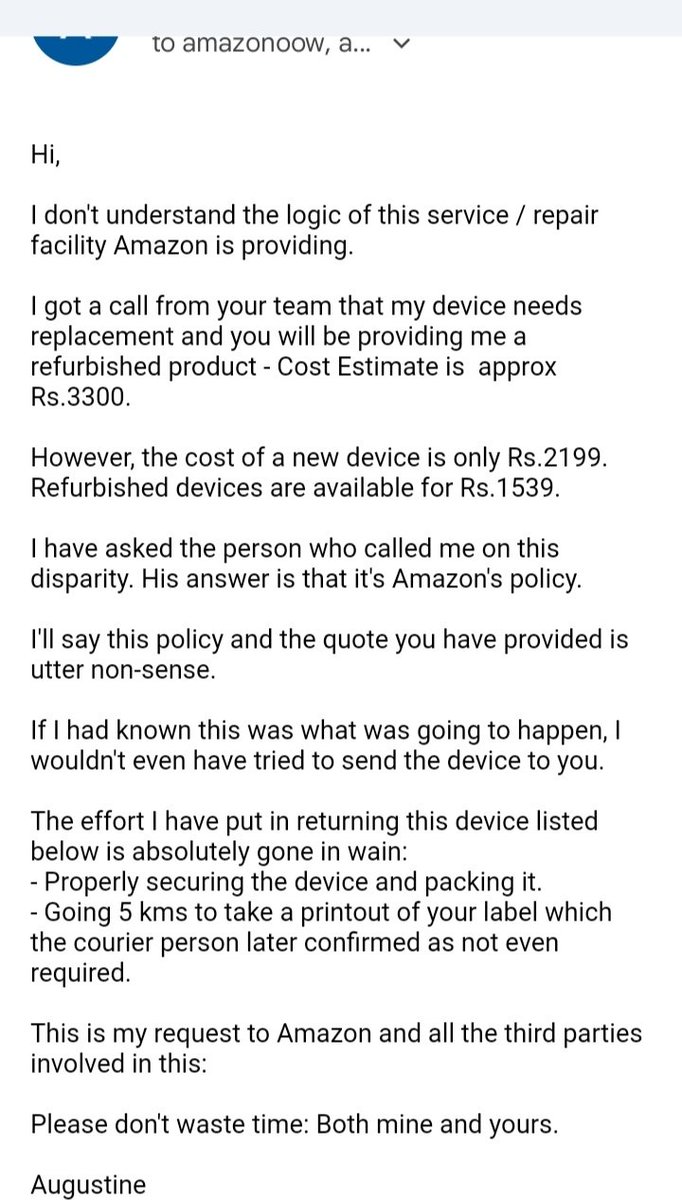 theprblmslvr's tweet photo. #WhatAJoke @amazonIN ?

 If you have an @amazon #firetvstick that's having some trouble, don't even think of sending it for repair unless you read my mail screenshot.

They have ultimate #roachhotel model where they make you give up by quoting heavy prices. 
Better buy a new one. https://t.co/Q89Goqz4ZS