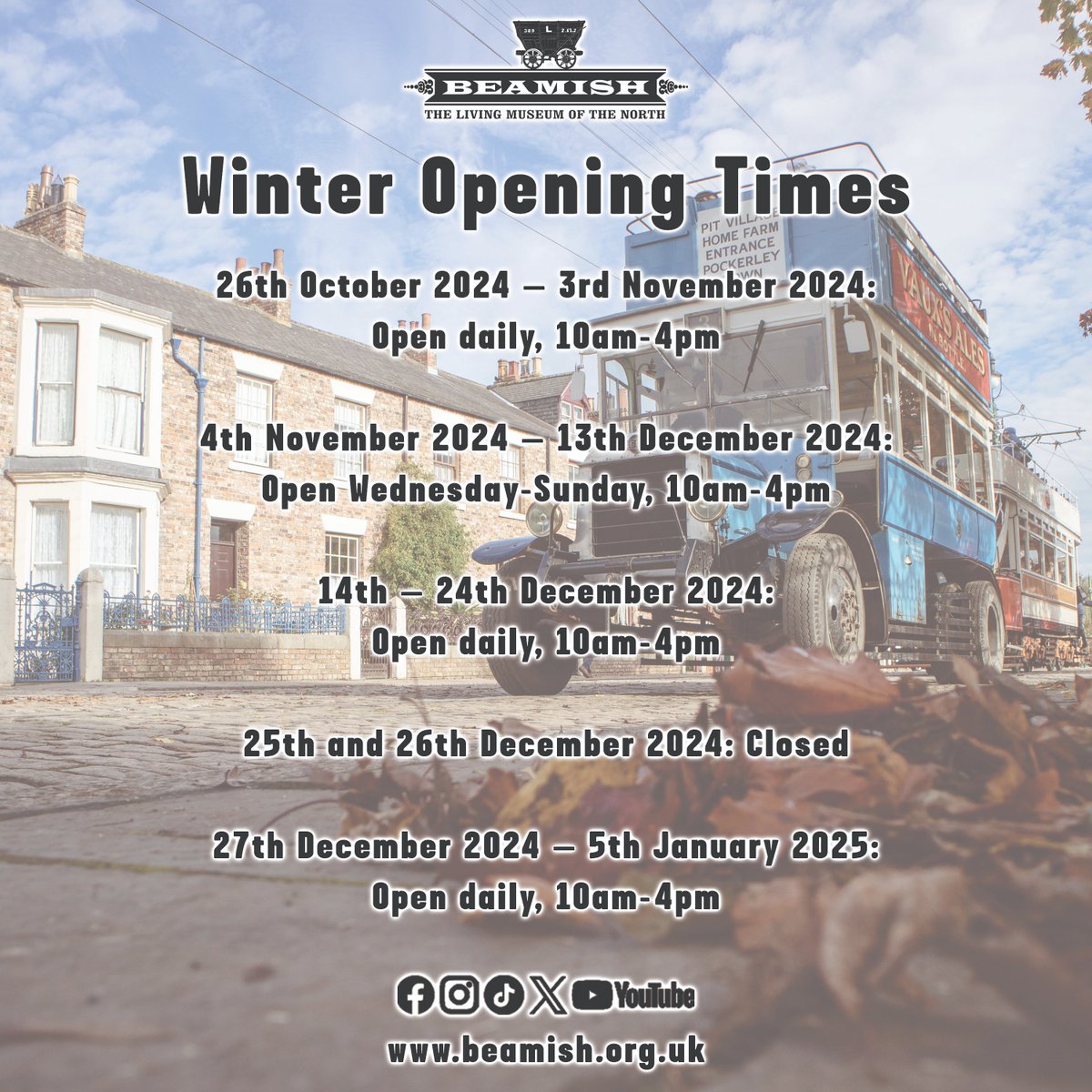 Today we move to our winter opening hours! 
26th Oct 2024 – 3rd Nov 2024: Open daily, 10am-4pm
4th Nov 2024 – 13th Dec 2024: Open Wed-Sun, 10am-4pm
14th – 24th Dec 2024: Open daily, 10am-4pm
25th and 26th Dec 2024: Closed
27th Dec 2024 – 5th Jan 2025: Open daily, 10am-4pm