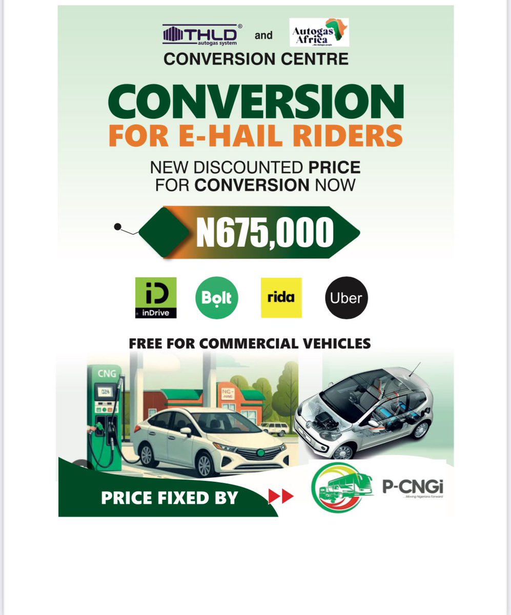 E HAILING APPS government is paying HALF while you pay just N675,000 for switching to CNG.

Come to us and get your first refuelling FREE.

Government is giving and we are also giving and the people will benefit.

AUTOGAS AFRICA….the autogas people 

WE ARE THE STANDARD.