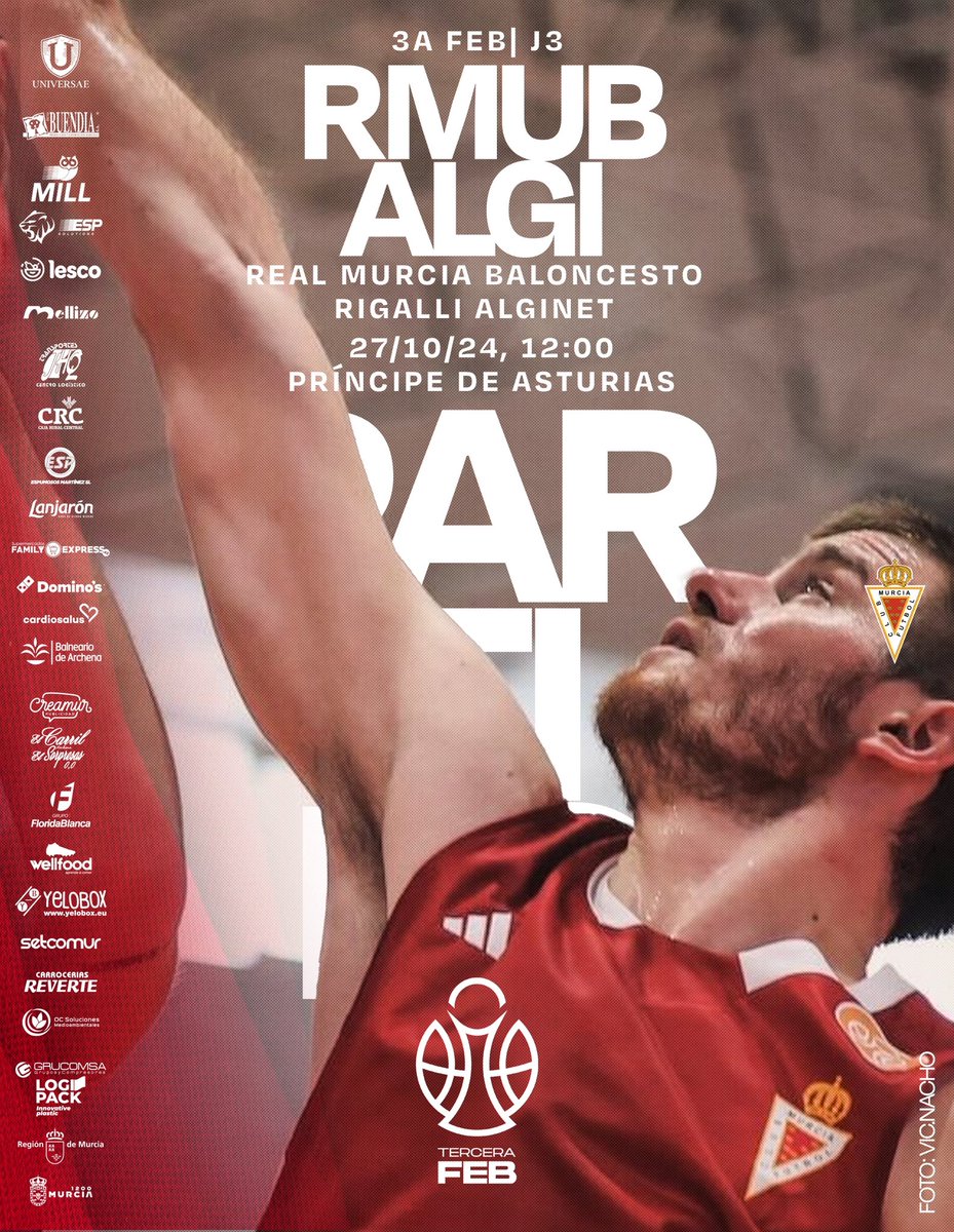 #J3 | <a href="/TerceraFEB/">TerceraFEB</a> MASCULINO
REAL MURCIA BALONCESTO
RIGALLI ALGINET
Domingo 27/10/24, 12:00
Pabellón Príncipe de Asturias