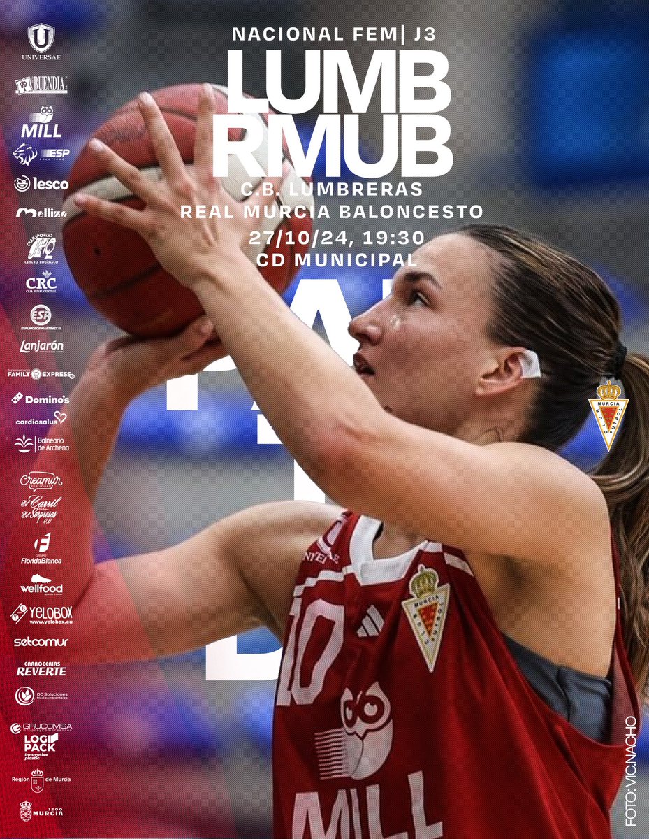 #J3 | NACIONAL FEMENINO
C.B. LUMBRERAS
REAL MURCIA BALONCESTO
Domingo 27/10/2024 19:30
CENTRO DEPORTIVO MUNICIPAL