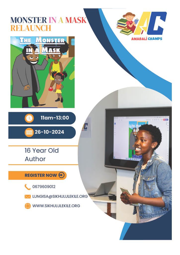 Excited to Support “The Monster in a Mask” Launch! 📚

Thrilled our App contributed to refining this inspiring work. Join our Founder, Kabelo Mahlobogwane’s Special Address. 

📅 26 Oct 2024 | ⏰ 11:00 - 13:00
📍 Philippi Village &amp; Virtual (calendar.app.google/abqyxXVjv8JSXH…)