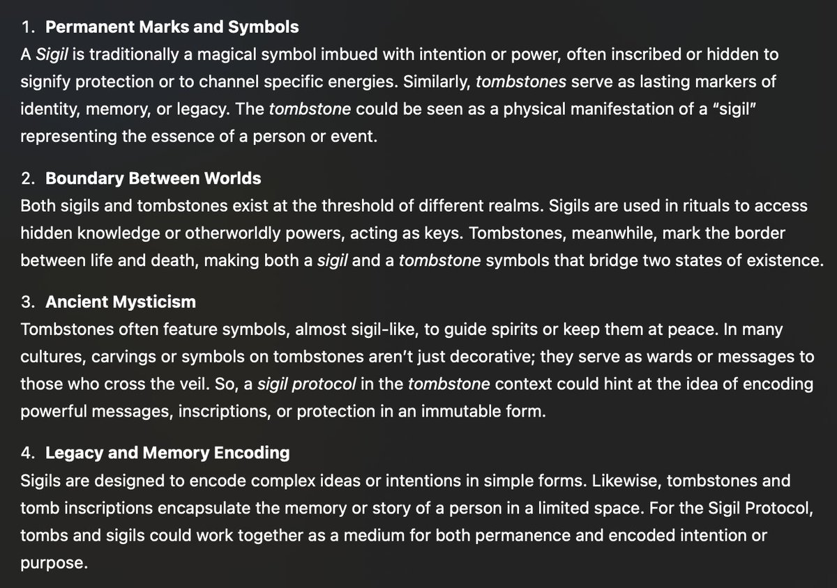 sigil_protocol's tweet photo. A chat with my AI about what I am working on and the thematic connections. Enjoy! #Ordinals #Runes $SIGIL $TOMB https://t.co/FMySYm92bN