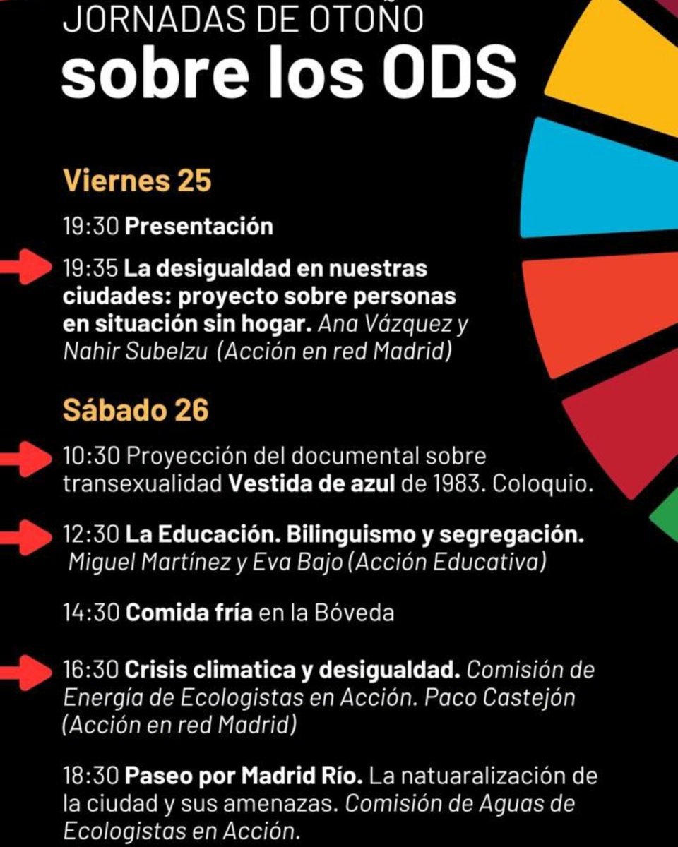 Jornadas de Otoño en Acción en Red Madrid. 
Ayer estuvimos hablando de #sinhogarismo 
Hoy seguimos con la un documental sobre la #transexualidad, y dos charlas sobre la #segregación que   provoca el #bilingüismo, y la #CrisisClimática
En c/ San Felipe Neri, 4, bajo. 🚇 Ópera