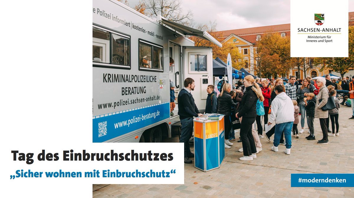 Morgen ist der Tag des Einbruchschutzes. Die Landespolizei <a href="/sachsenanhalt/">Sachsen-Anhalt</a> setzt ihre Kampagne "Sicher wohnen mit Einbruchschutz" fort, um die Bürger fortlaufend zu sensibilisieren und auf Möglichkeiten zum Schutz ihres Eigentums hinzuweisen. 🏡
Alle Infos: lsaurl.de/2oexjm