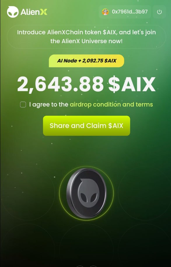 MoonShotK_sol's tweet photo. 🪂 #ALIENX announced the launch of $AIX!
Now you can check your eligibility and claim your $AIX rewards here:
https://t.co/KTxpmzdJPq
🗓 Start Date: October 23, 9AM UTC.
Token Contract (ERC20)👇
0x75Dd0E55937947005b91e6c047FdD29d98A5e096
#alienxchain #AI #Airdrop @ALIENXchain https://t.co/HQeBJMmdvn