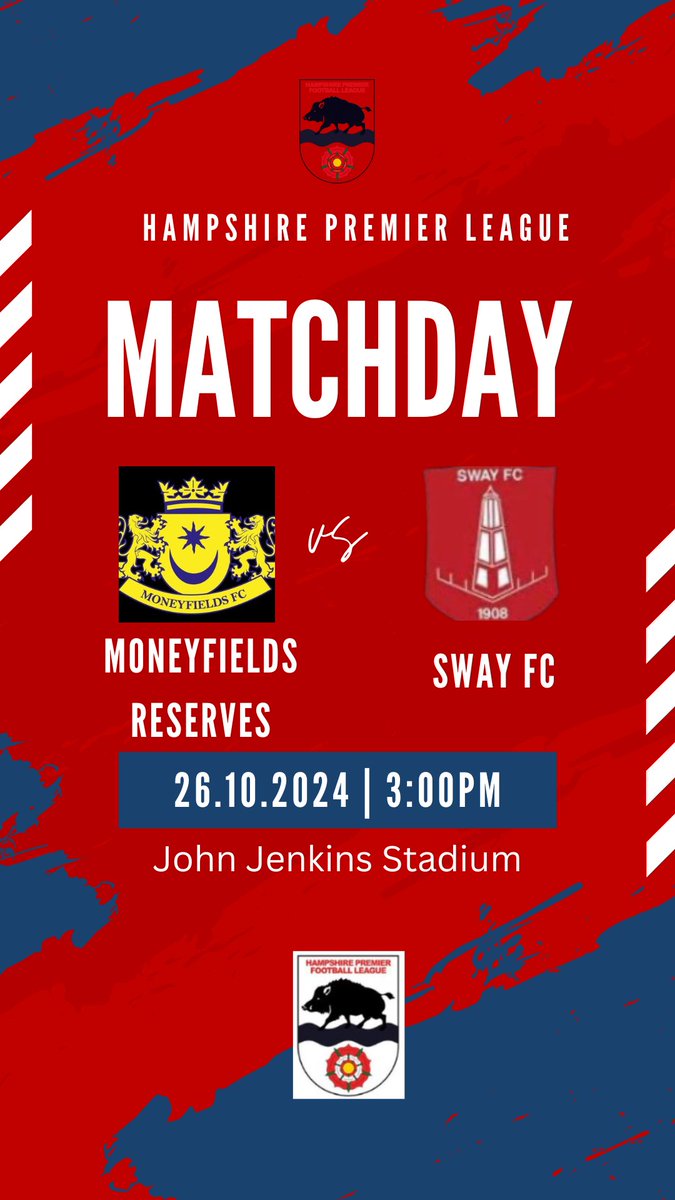 Sway Football Club (@swayclub) on Twitter photo Match Day!
Return to league action after a much improved performance in the cup!
⚽️🔴⚪️⚽️
🆚| <a href="/MONEYFIELDSFC/">Moneyfields FC</a>
📅| Saturday 26th October
🕐| 15:00
🎖️| <a href="/HantsLeague/">uhlsport Hampshire Premier League</a>
🏟️| John Jenkins Stadium
📍| PO3 6LA
🪙| £2
🍻| Refreshments Available
<a href="/NonLeagueFix/">NonLeagueFixtures</a> @hantsleague #LocalFootball Match Day!
Return to league action after a much improved performance in the cup!
⚽️🔴⚪️⚽️
🆚| <a href="/MONEYFIELDSFC/">Moneyfields FC</a>
📅| Saturday 26th October
🕐| 15:00
🎖️| <a href="/HantsLeague/">uhlsport Hampshire Premier League</a>
🏟️| John Jenkins Stadium
📍| PO3 6LA
🪙| £2
🍻| Refreshments Available
<a href="/NonLeagueFix/">NonLeagueFixtures</a> @hantsleague #LocalFootball