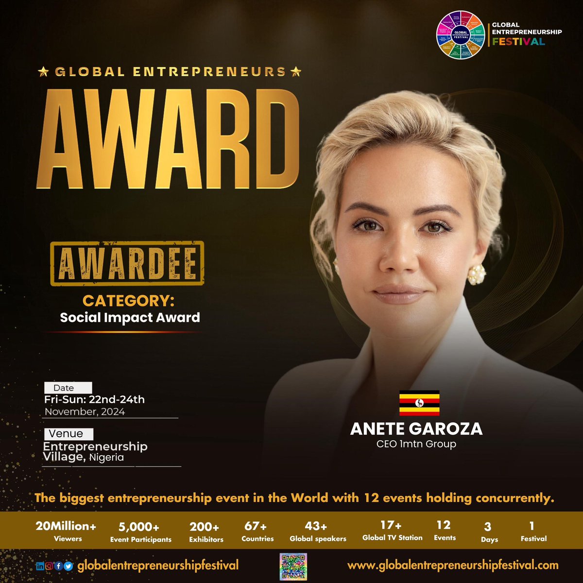 AneteGaroza's tweet photo. Honored to announce that l've been recognized with the Social Impact Award at the @Globalefest🌱

This award represents 🇺🇬 and whole @1mtn3 team. Our impact-driven work is a powerful reminder of why we do what we do. 

It's about empowering communities, driving sustainable development, and building a resilient future for #Africa and beyond.

Looking forward to connecting with visionary entrepreneurs and leaders at the event in Nigeria. 

#Sociallmpact
#GlobalEntrepreneurshipFestival
#Sustainability #Leadership #Africa #Entrepreneurship #ClimateAction