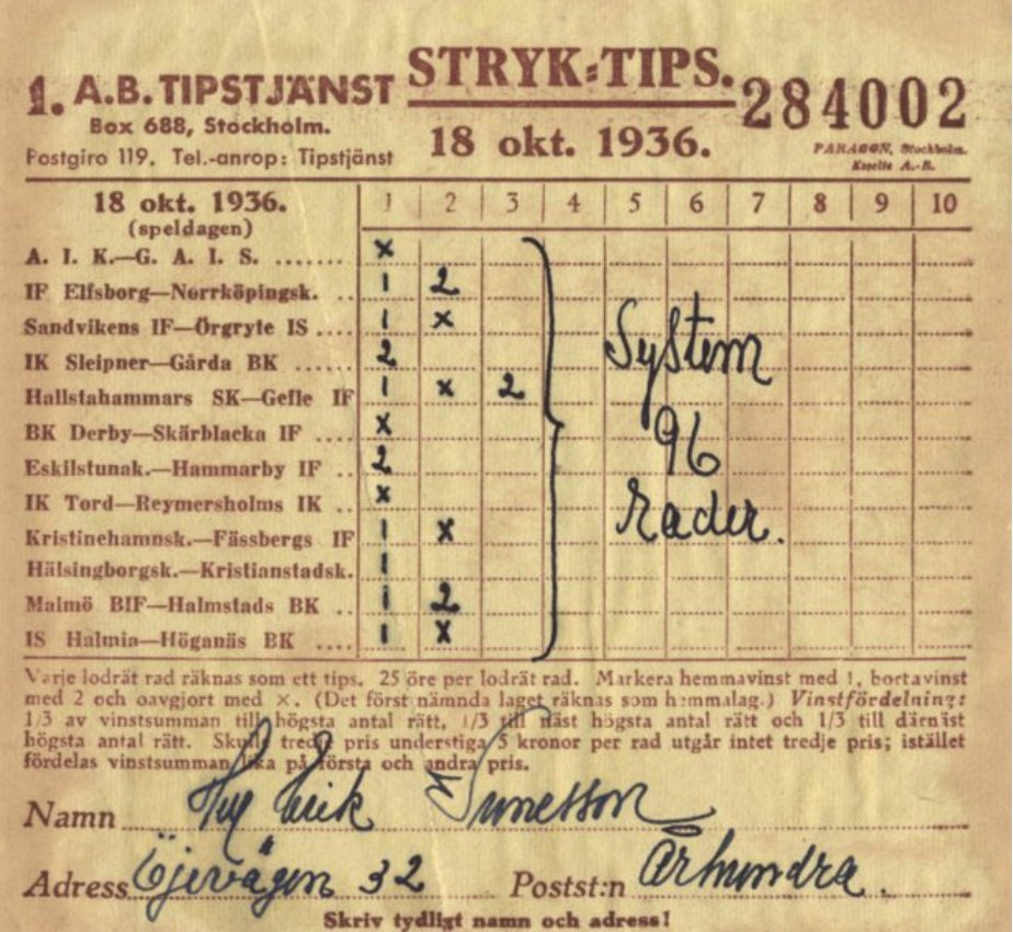 1/8
Stryktipset föddes den 20:e okt 1934 och hade sin 90-åriga födelsedag i söndags. Då, i begynnelsen, kom även Siffertipset (Lotto från 1980) och Pooltipset (via Poängtipset till Måltipset 1983), men "Stryket" har stått sig starkt och t.o.m. rotat sig i det svenska samhället.