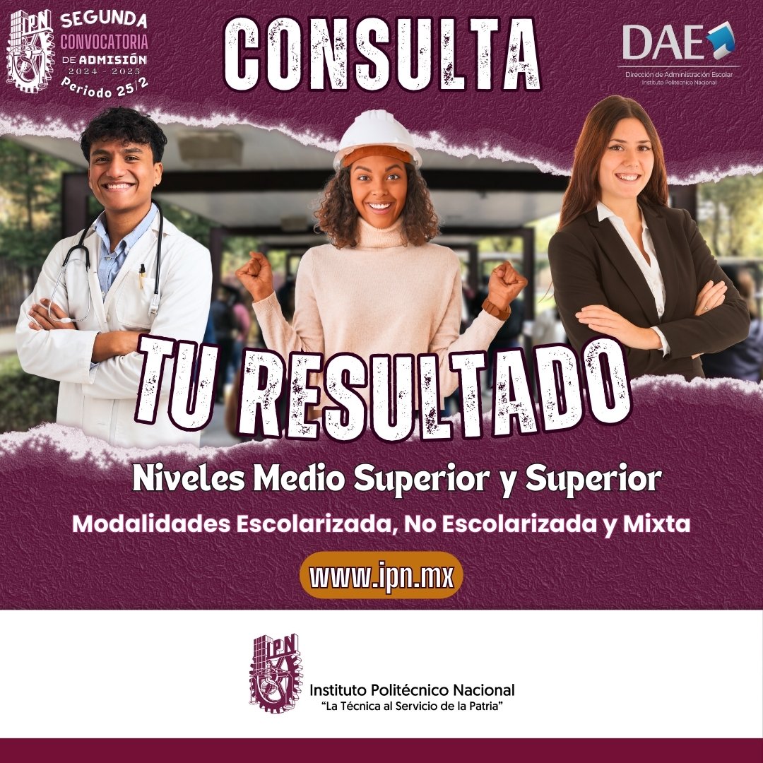 ¡Los resultados del examen de admisión ya están disponibles! 🎉

Ingresa a:

➡️ ipn.mx

Accede con el correo y la contraseña enviados durante tu prerregistro. ¡Felicidades a los seleccionados!

#AdmisiónIPN2024 #IPN #DAE