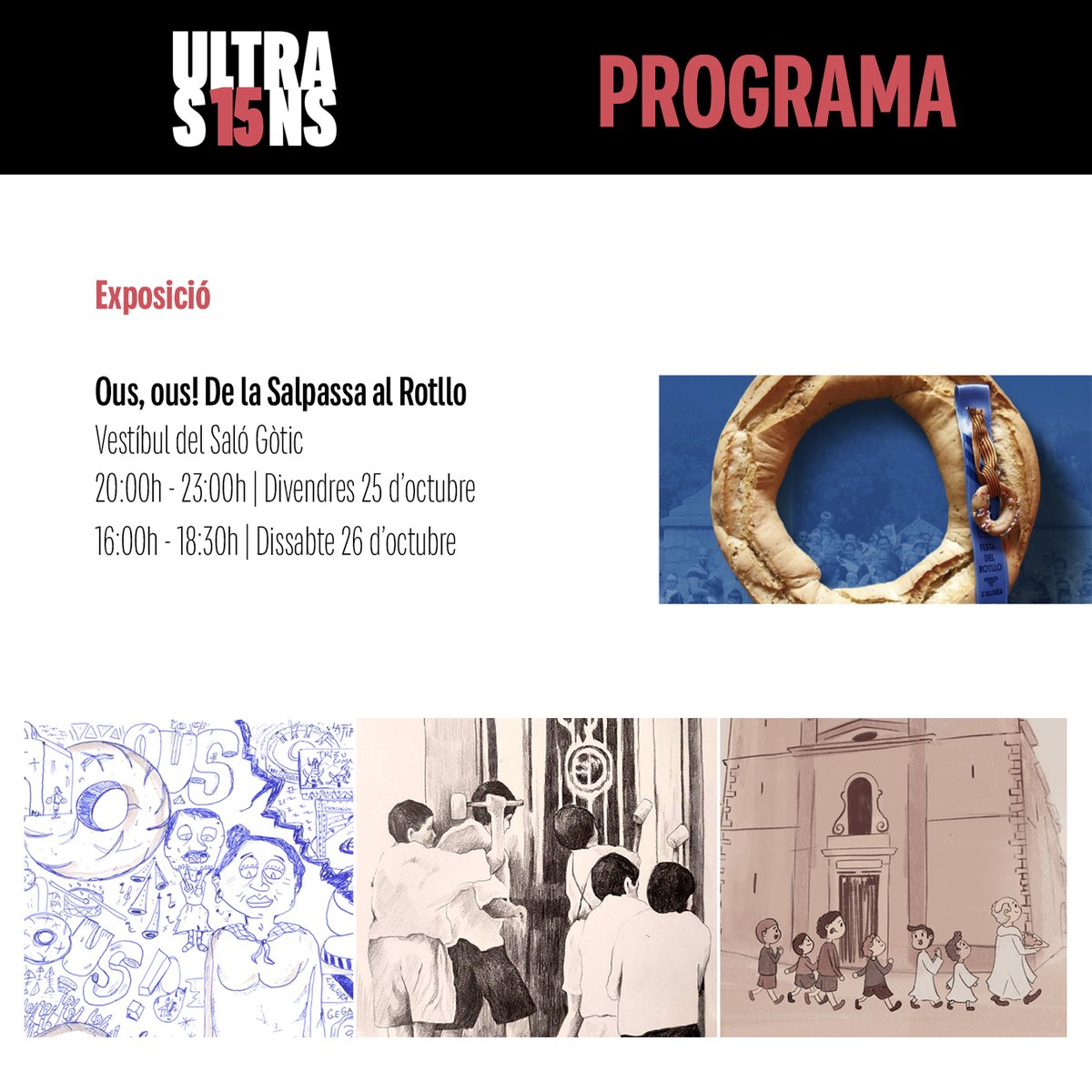 ULTRASONSalcora's tweet photo. Dissabte 26 octubre

12h | Jove Dixieland Band | Canela en Rama
16-18.30h | Exposició "Ous, ous!" | Vestíbul del Saló Gòtic
17.30h | XQS | Saló Gòtic
19.30h | Premi ULTRASONS 2024 + Carlos Medina | Auditori de la Caixa Rural

#ULTRASONS24 #MúsiquesEnVibració | 15a edició | 2024 https://t.co/LVEQi7oL8f