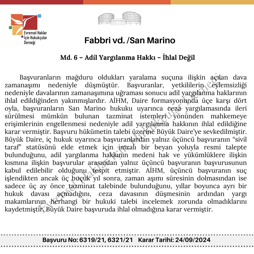 evrensel_haklar's tweet photo. Avrupa İnsan Hakları Mahkemesi, Eylül ayında Daire ve Büyük Daire formasyonunda esasa ilişkin 9 yüksek ve orta öneme sahip karar verdi. EHHD olarak bu 9 karar hakkında Türkçe bilgi notları hazırladık. #hudoc #humanrights https://t.co/JrfAD3PRzd