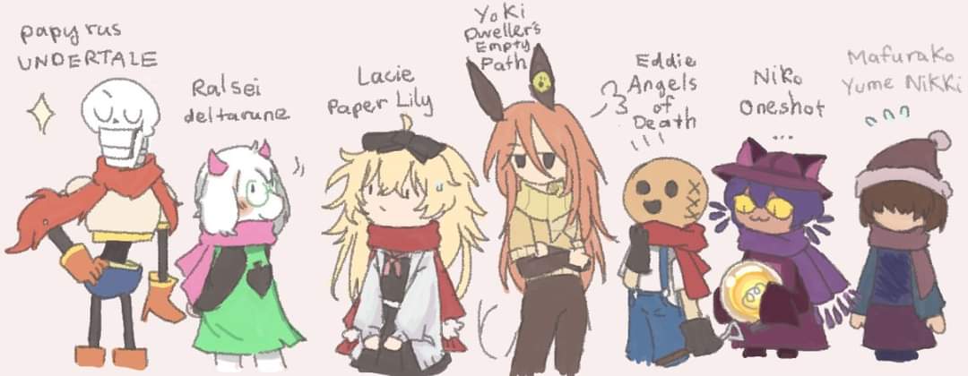 linhchiiz's tweet photo. rpg characters wearing scarves✨✨💥
#rpgmaker 
#undertale #deltarune #paperlily #dwellersemptypath #angelsofdeath #oneshot #yumenikki https://t.co/cDKDaH2Rgx