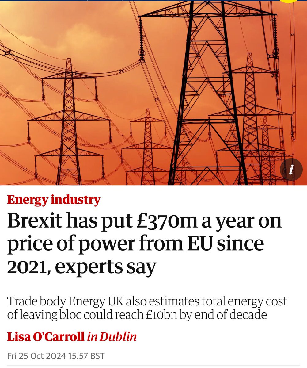 The Brexit blaggers promised cheaper energy, but of course Brexit only disappoints and betrays its believers with delivering higher prices.

Brexit has added up to £370m a year to the price of power supplies from Europe.

The total energy costs of leaving the EU could amount to