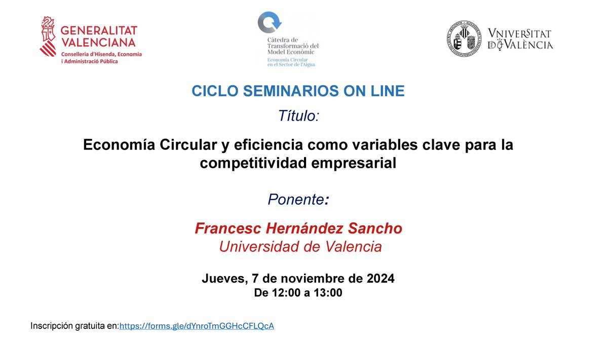 Presentación del ciclo de seminarios de la Cátedra de Transformación del Modelo Económico: Economía Circular 

Jueves 7 de noviembre: Economía Circular y eficiencia como variables clave para la competitividad empresarial
Registro📝forms.gle/dYnroTmGGHcCFL…