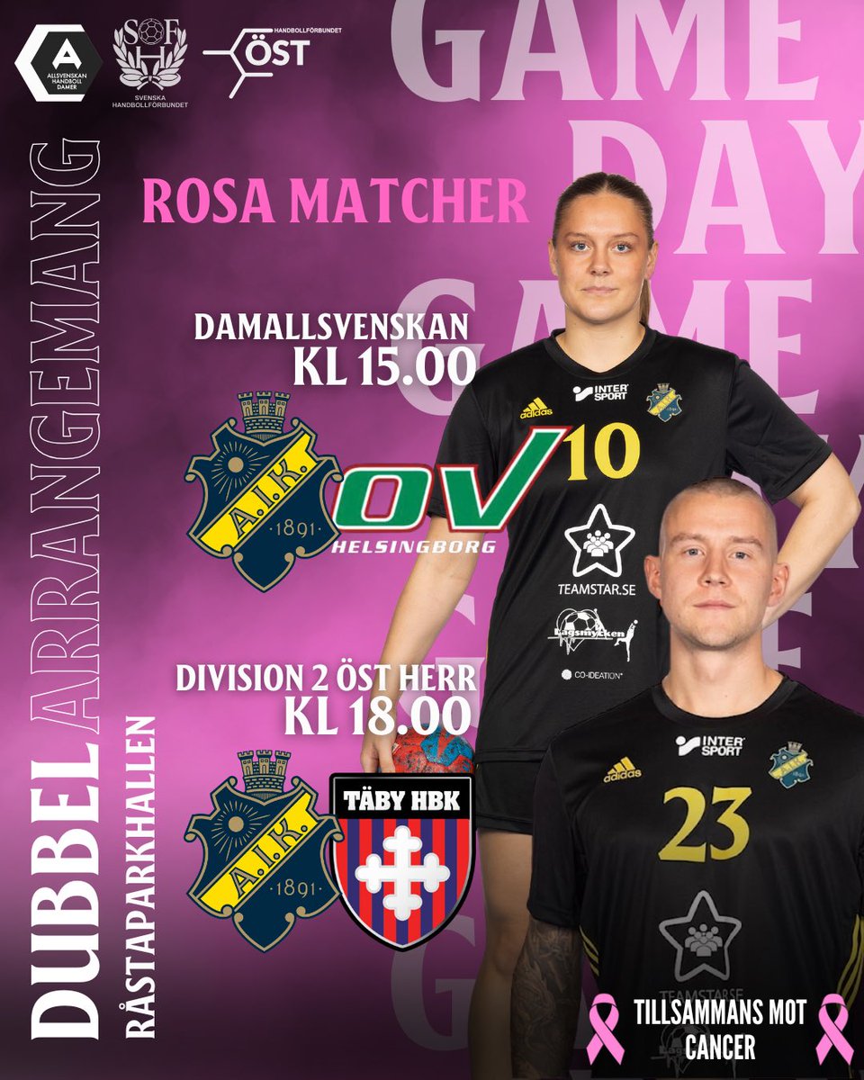 Idag är det äntligen dags för säsongens första dubbelarrangemang och det görs i Råstaparkhallen i form av Rosa Matcher som kommer att spelas i förmån för Bröstcancerförbundet!🩷
Varmt välkomna, NU KÖR VI 🖤💛
