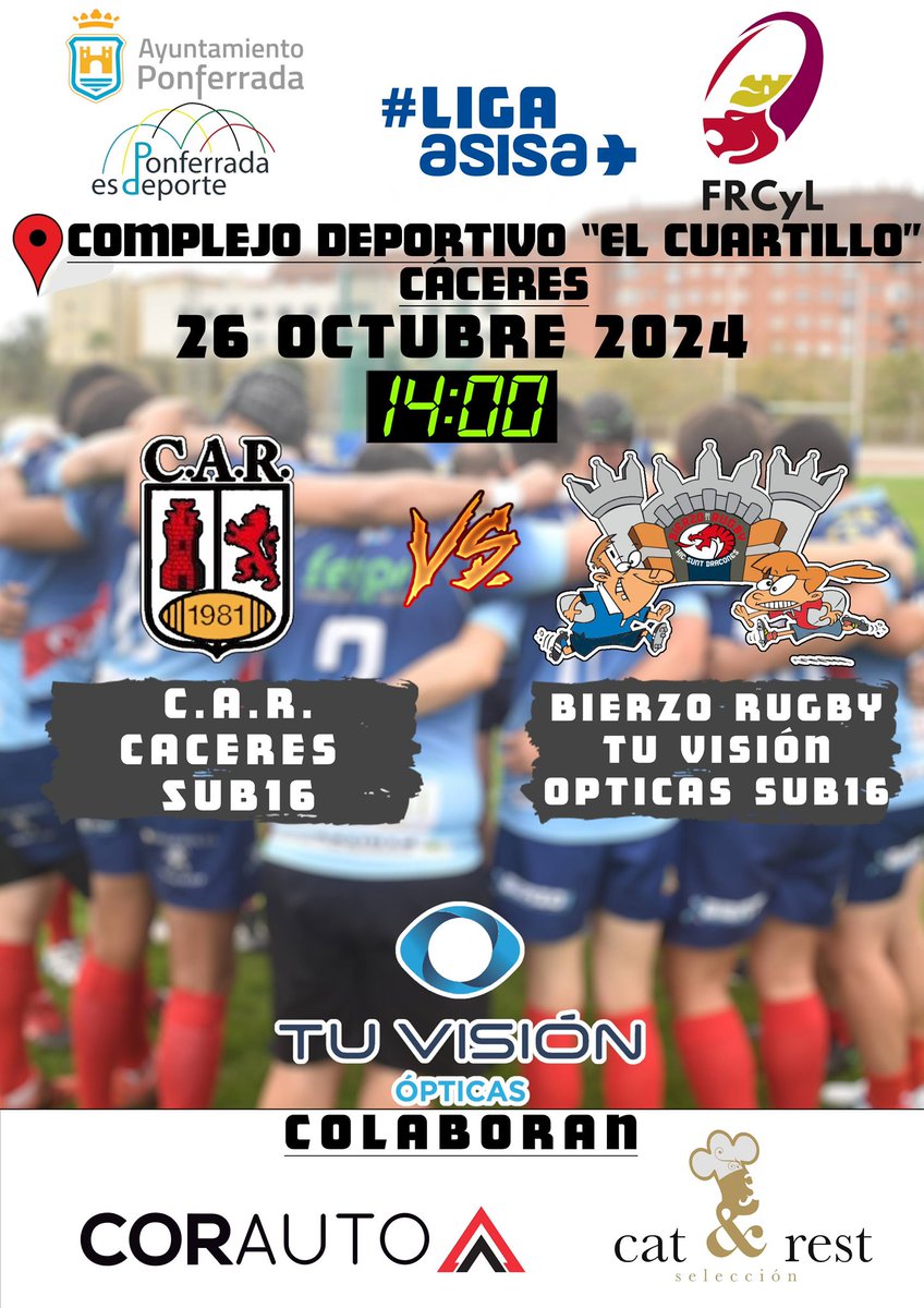 RugbyBierzo's tweet photo. Nuestro equipo Sub-16 está de camino a Cáceres para disputar la segunda jornada de la #LigaASISA de la @FRCyL contra @CARCaceres1981 . Muchísima suerte!!🍀
📅 Sábado 26 de Octubre
🕑 14:00
🏟️ Complejo deportivo “El Cuartillo” Cáceres https://t.co/jADr43LXGt