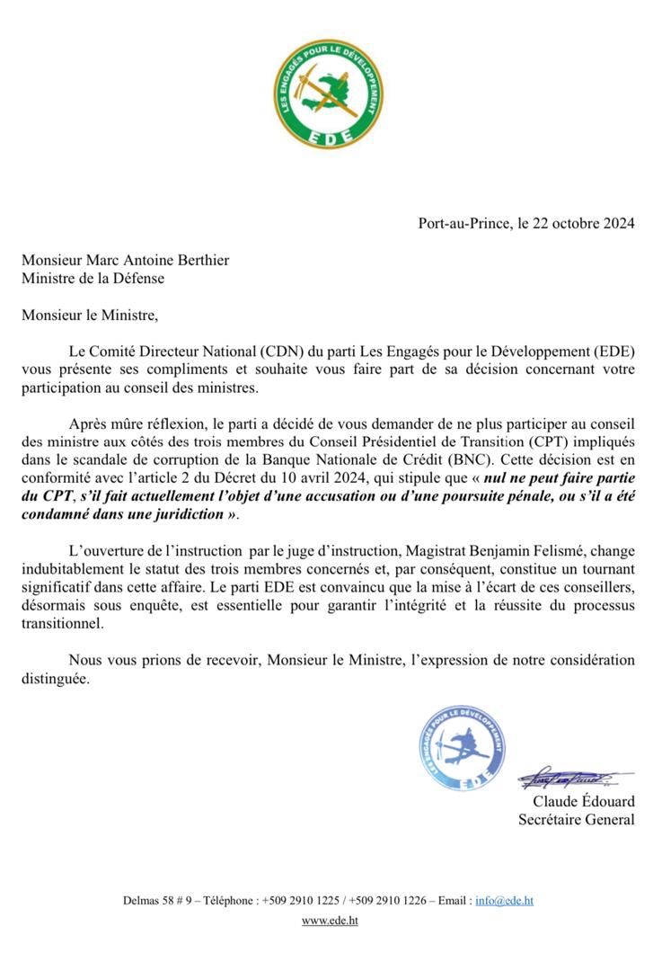 infosprecis's tweet photo. Le parti politique EDE demande au ministre de la Défense de ne plus participer au Conseil des ministres aux côtés des trois conseillers présidents impliqués dans le scandale de corruption à la BNC. https://t.co/lDw1Wh5wDk
