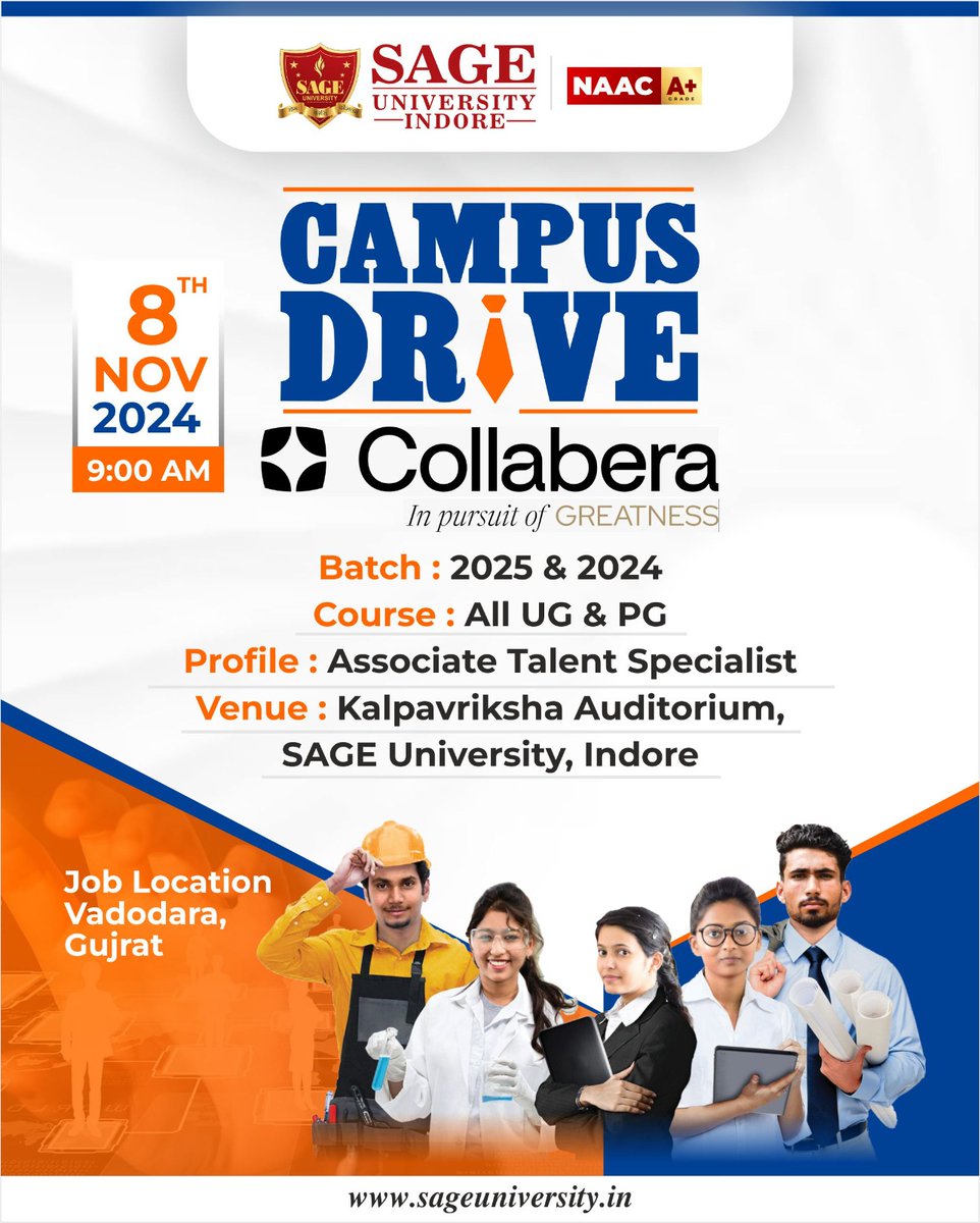 SAGE_INDORE's tweet photo. #Campus #Drive #Alert
Join us at SAGE University Indore on 8th November 2024 for a recruitment drive with Collabera for the role of Profile Associate Talent Specialist.
Open to all UG and PG students!
Donβt miss this chance to launch your career!
.
.
.
.
#Collabera https://t.co/w1dSOF8V7F