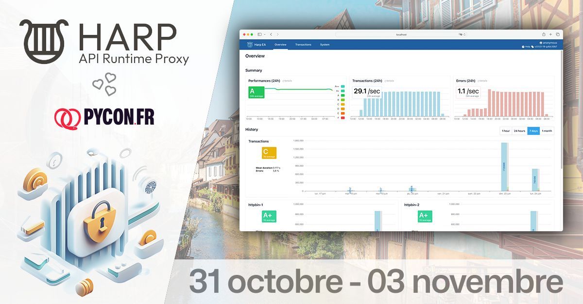 🐣 HARP Proxy est né pour réparer et surveiller les APIs foireuses ... Timeouts, headers approximatifs, contrats qui changent ...

🚀 J-5 !!! On vous montre tout ça à la PyConFR 2024 #workshop #sprint

buff.ly/47vMuvj 
buff.ly/3YnS5Qe 

🤘🏼Open-Source &amp; On Premise