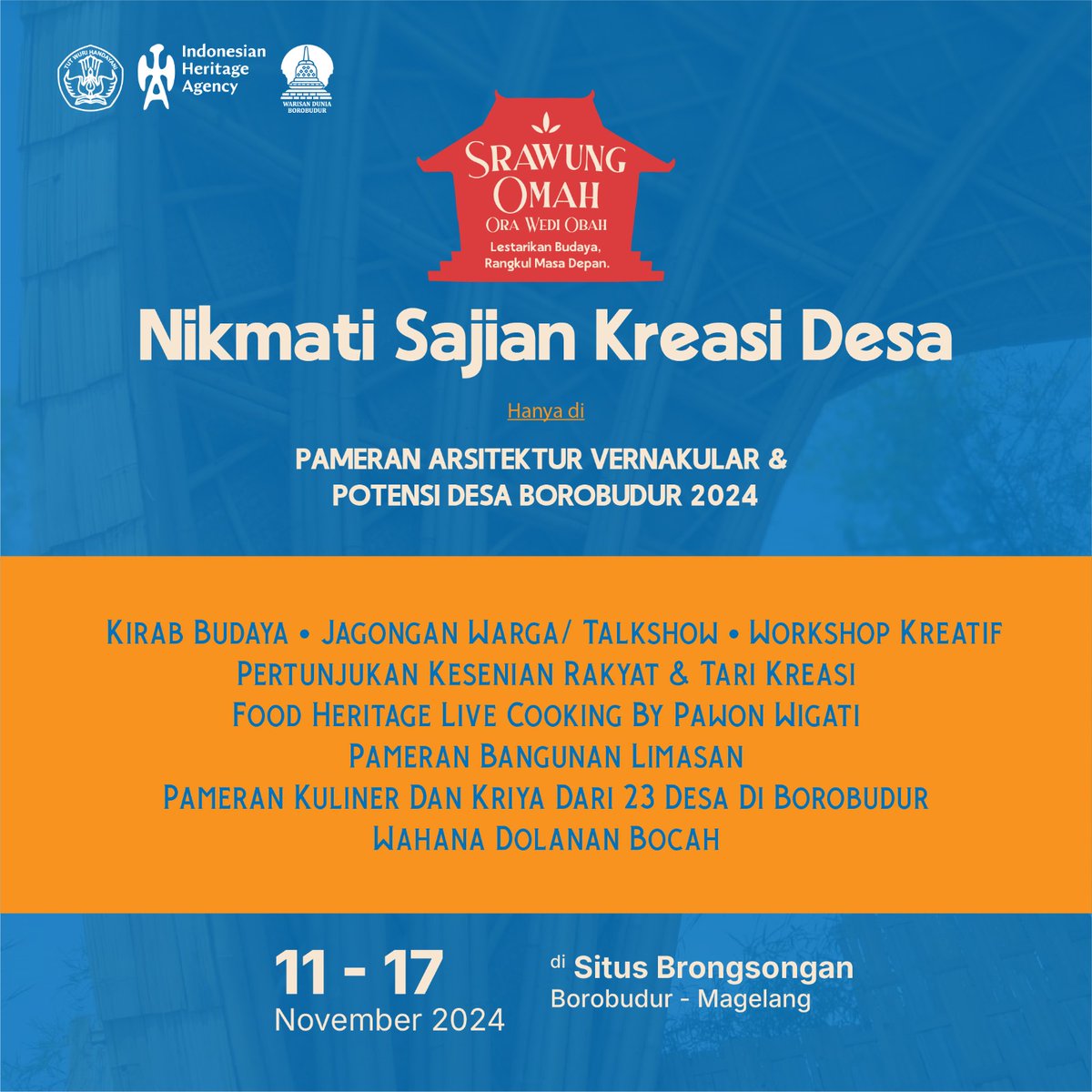 🚨 Saatnya Memanjakan Mata Dalam Keindahan Seni Budaya 🚨

Hanya di 𝗣𝗮𝗺𝗲𝗿𝗮𝗻 𝗔𝗿𝘀𝗶𝘁𝗲𝗸𝘁𝘂𝗿 𝗩𝗲𝗿𝗻𝗮𝗸𝘂𝗹𝗮𝗿 &amp; 𝗣𝗼𝘁𝗲𝗻𝘀𝗶 𝗗𝗲𝘀𝗮 𝗕𝗼𝗿𝗼𝗯𝘂𝗱𝘂𝗿 𝟮𝟬𝟮𝟰.

🗓️11 – 17 November 2024
📍Situs Brongsongan, Borobudur, Magelang

Stay tuned terus!