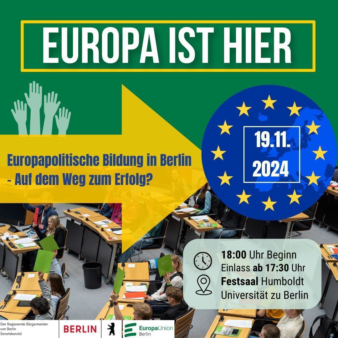 Es ist wieder soweit: „Europa ist hier“ steht bevor! 
Gemeinsam mit der Senatskanzlei Berlin laden wir euch herzlich zu einem spannenden Diskussionsabend zum Thema „Europapolitische Bildung in Berlin“ ein. 

Infos und Anmeldung:
europa-union-berlin.de/europaisthier 

Wir freuen uns auf euch!