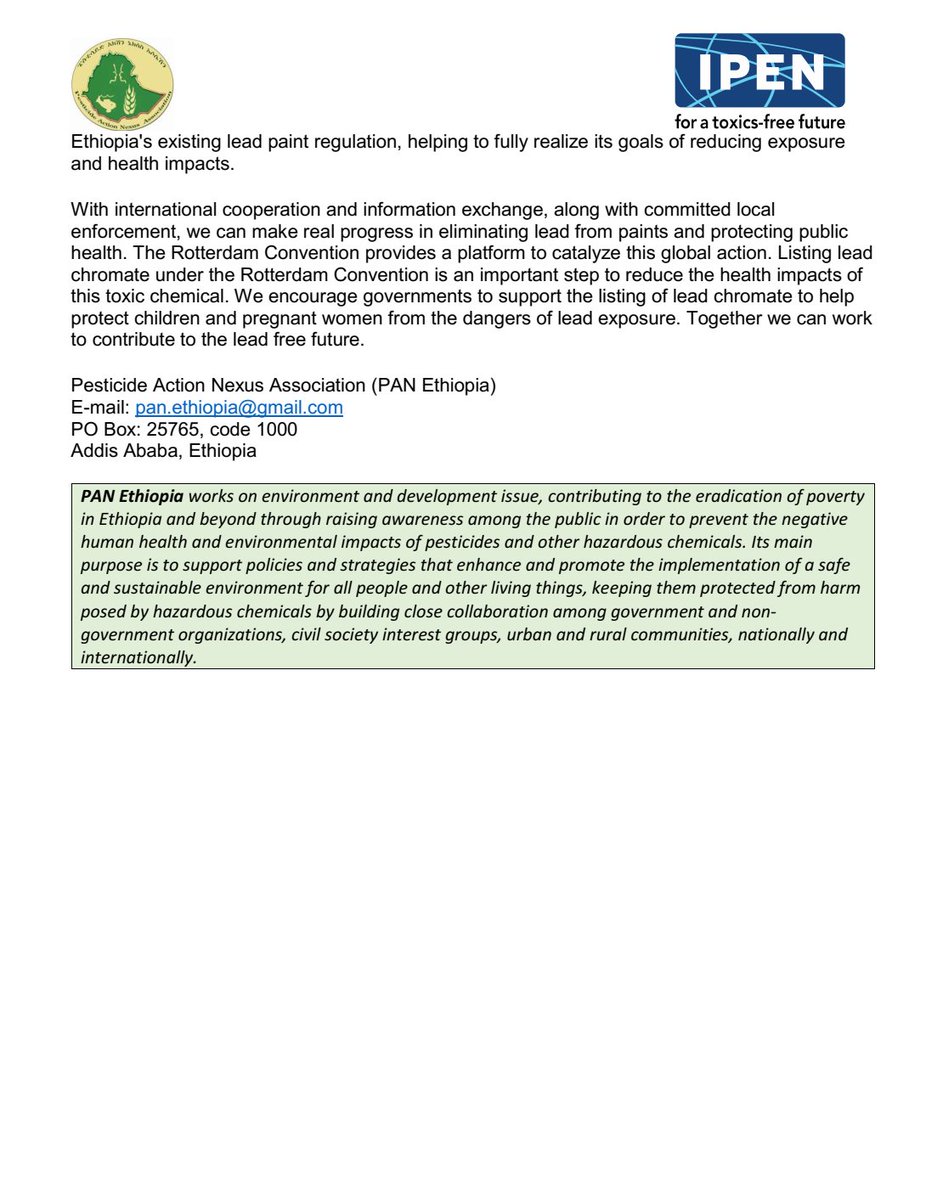 Press release by #PANEthiopia on listing #LeadChromates in the Rotterdam convention
#BanLeadPaint