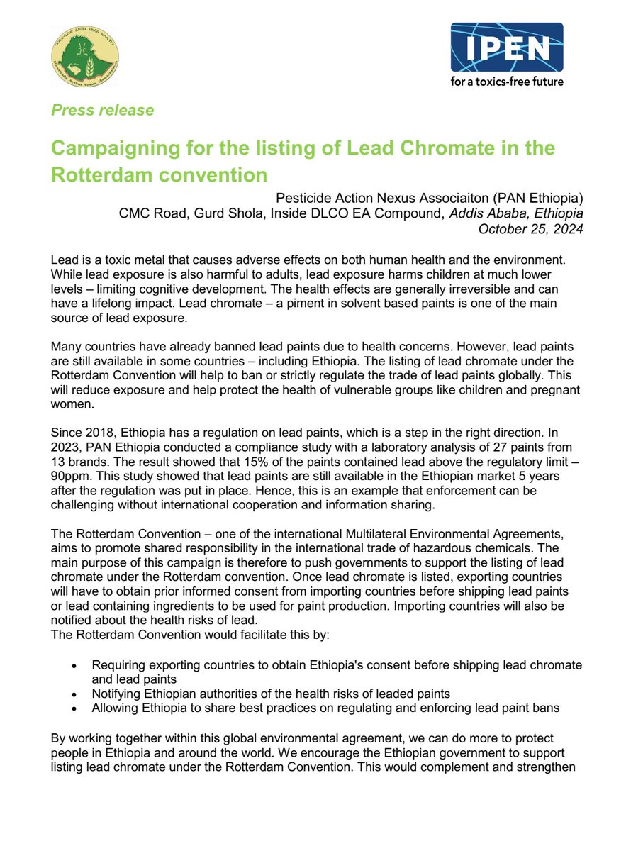 EOA_Ethiopia's tweet photo. Press release by #PANEthiopia on listing #LeadChromates in the Rotterdam convention
#BanLeadPaint https://t.co/jEJgdHWl8f