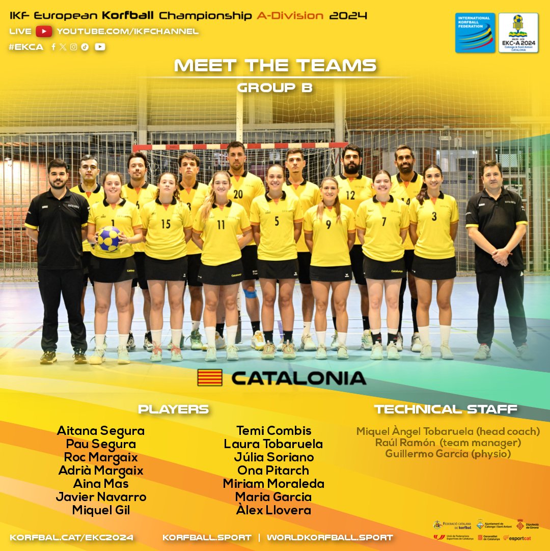 #MeetTheTeams #GroupB ⚡️ #CAT | #EKCA 2024

🏆 IKF European #Korfball Championship A-Division 2024
🗓️ 28 Oct-2 Nov 📍 Calonge i Sant Antoni, Catalonia
📺📈📰 Info, streams &amp; results: korfball.sport/?p=36692

#korfball #TheMixedGenderSport #korfbal #corfebol #korfbol #corfbol