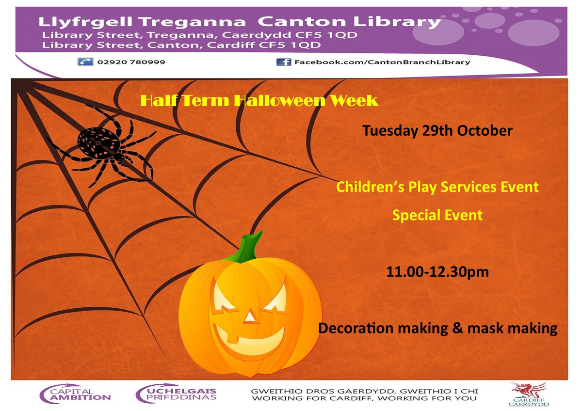 Ymunwch ar Gwasanaeth Plant yn Llyfrgell Treganna ar gyfer digwyddiad arbennig i calan Gaeaf.

Join the Children's Play services at Canton Library for a special Halloween event.