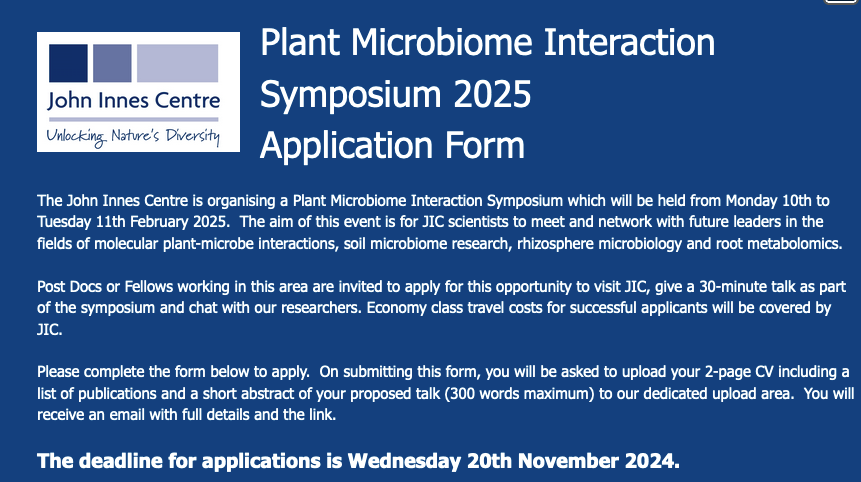 This 👉 forms.office.com/Pages/Response… Plant-Microbiome Interaction Symposium in the <a href="/JohnInnesCentre/">John Innes Centre</a>  10-11 February 2025 (and also a job market for those aspiring PIs-to-be on the topic)