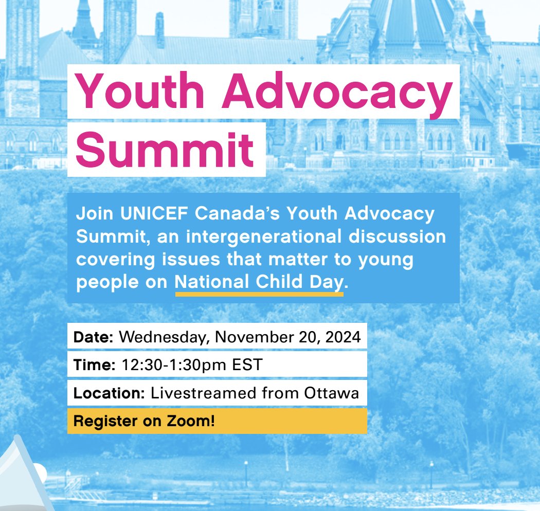On Nov 20, UNICEF Canada is hosting an annual Youth Advocacy Summit with BGC Canada, Equitas, Jack.org, the National Reconciliation Program at Save the Children Canada, Plan Canada, the Students Commission of 🇨🇦 &amp; YMCA 🇨🇦. 

more here: 👇

tinyurl.com/3hktht5n