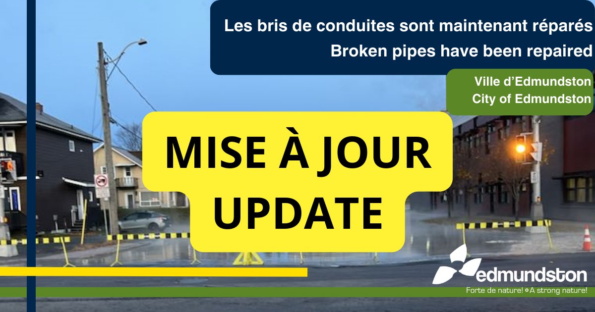 La Ville d'#Edmundston désire vous aviser que la conduite de l’usine Twin Rivers ainsi que la ligne d’aqueduc sont maintenant réparées.
----
The City of #Edmundston would like to inform you that the Twin Rivers plant pipe and the water line have been repaired.