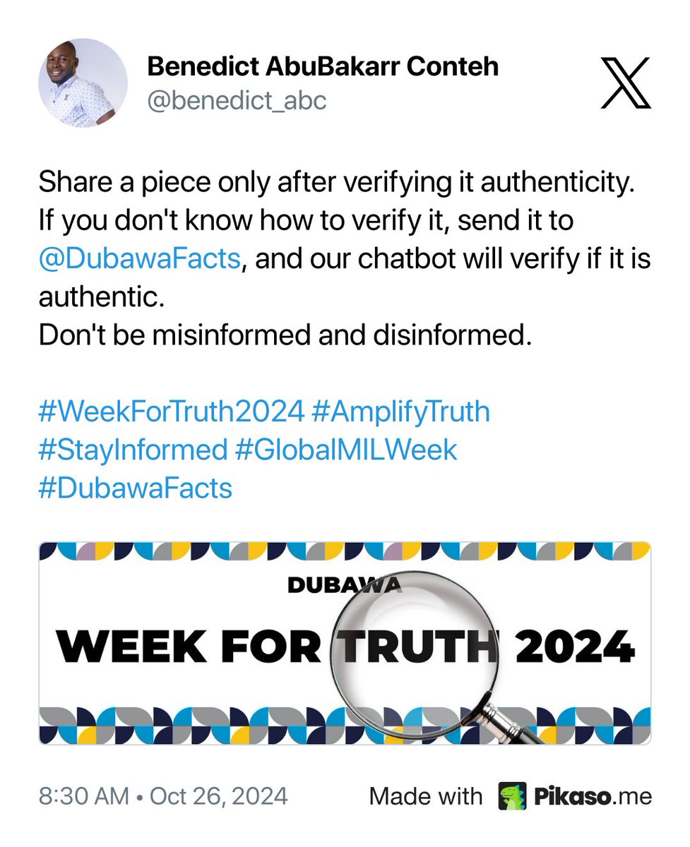 It's that time of the year, The Dubawa #WeekForTruth2024
In a world full of information and , how do we know what's True or not, #Dubawa is here to help ! Our mission is to Empower YOU to spot misinformation.
#Dubawa
#WeekForTruth2024
#AmplifyTruth
