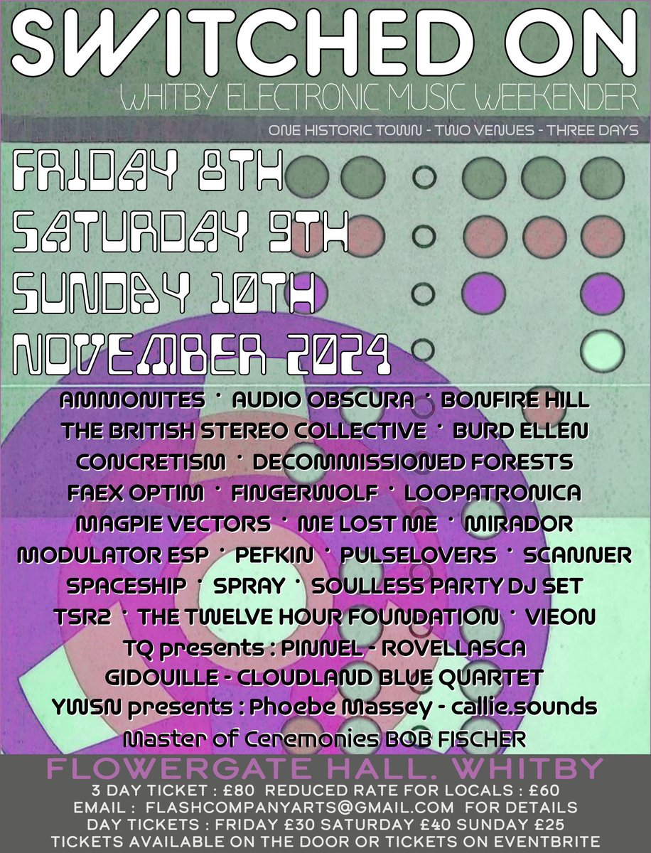 Two weeks until Switched On - A three-day festival of electronic music in the lovely seaside town of Whitby. Final line-up announced. I'm playing an hour on Saturday night.

eventbrite.co.uk/e/switched-on-…