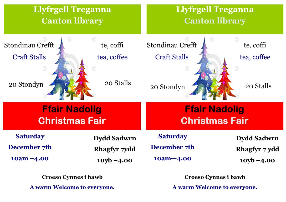 ymunwch a ni am ein ffair Nadolig efo 22 o stondinwyr a lawchiad llyfr arbenig Angela Graham. 

Join us for our Christmas fair with 22 stalls and a book launch of Angela Graham's new book.
