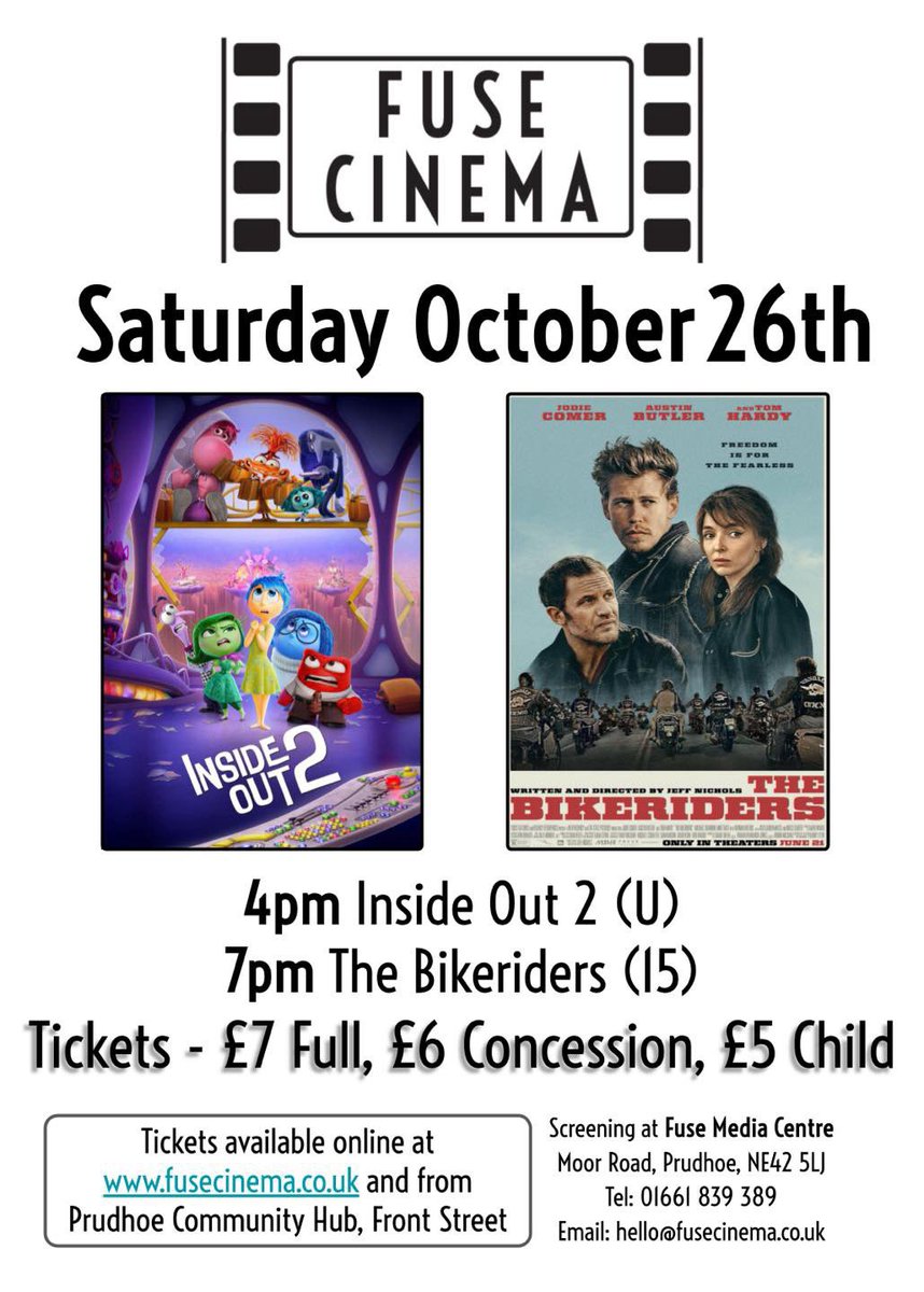 Fuse_Cinema's tweet photo. Showing today at 4pm it’s Inside Out 2 (U) then we rev up for The Bikeriders (15) at 7pm. Tickets available online and in person. We’d love to see you! https://t.co/Iq1LK650xb https://t.co/QfJYstiFh2