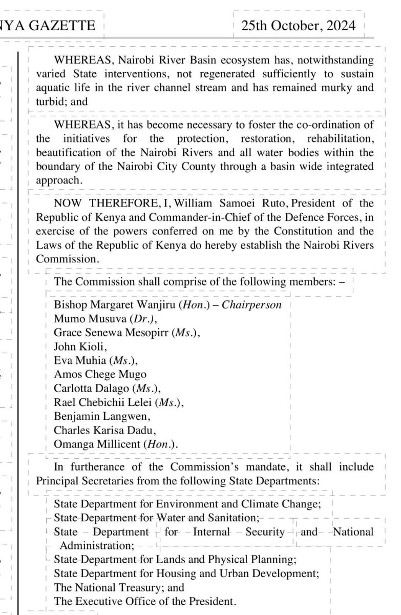 Terriz_Sam's tweet photo. President William Ruto has appointed Bishop Margaret Wanjiru as Chairperson of the Nairobi Rivers Commission, with Millicent Omanga serving as a member. The commission has now been moved from the Devolution Department under the Office of the Deputy President to the Housing Department within the Ministry of Lands.

Additionally, the initial gazette notice from November 2022 has been revoked.